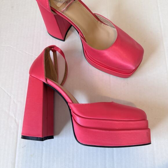 Fuchsia Satin Platform Pumps Chunky Heels Womens 8.5 Barbie Bratz Y2K Coquette - Picture 1 of 10